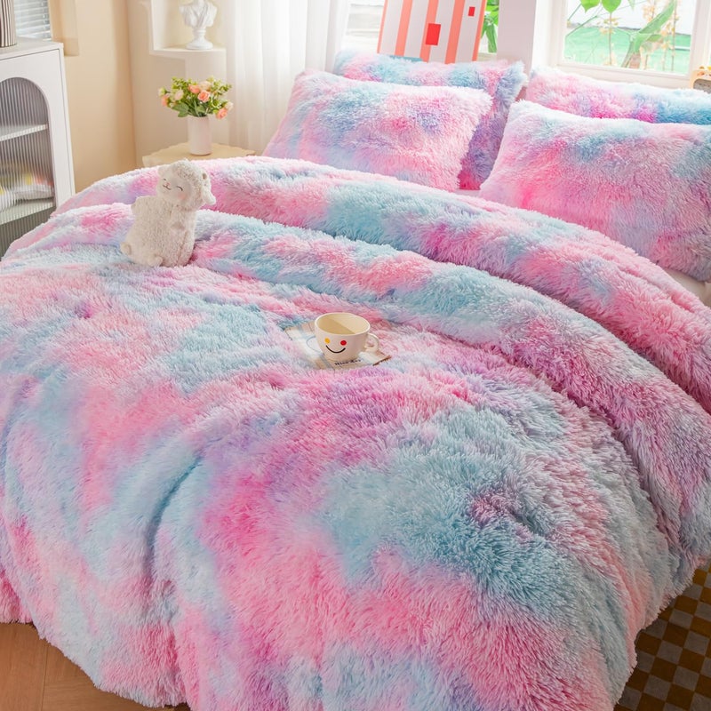 chovy Kids Girls Faux Fur Purple Rainbow Comforter Sets Twin/Full - 3PC Bed Set Soft Warm Comfortable Classical Rabbit Plush Velvet Flannel Fluffy Fuzzy Beddingï¼ˆComforter x 1 Pillowcases x 2ï¼‰ - Image 2