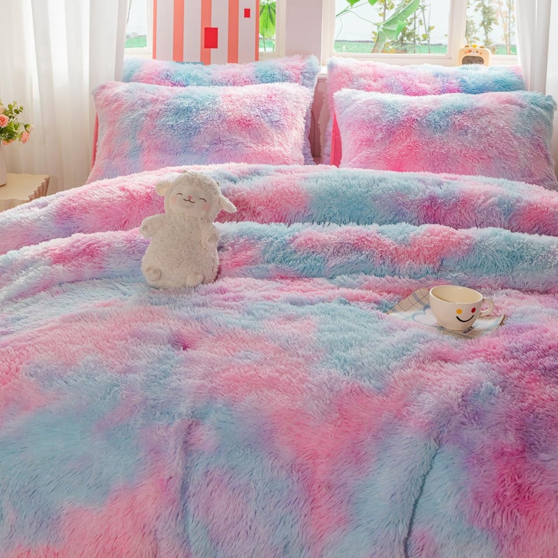 chovy Kids Girls Faux Fur Purple Rainbow Comforter Sets Twin/Full - 3PC Bed Set Soft Warm Comfortable Classical Rabbit Plush Velvet Flannel Fluffy Fuzzy Beddingï¼ˆComforter x 1 Pillowcases x 2ï¼‰ - Image 5