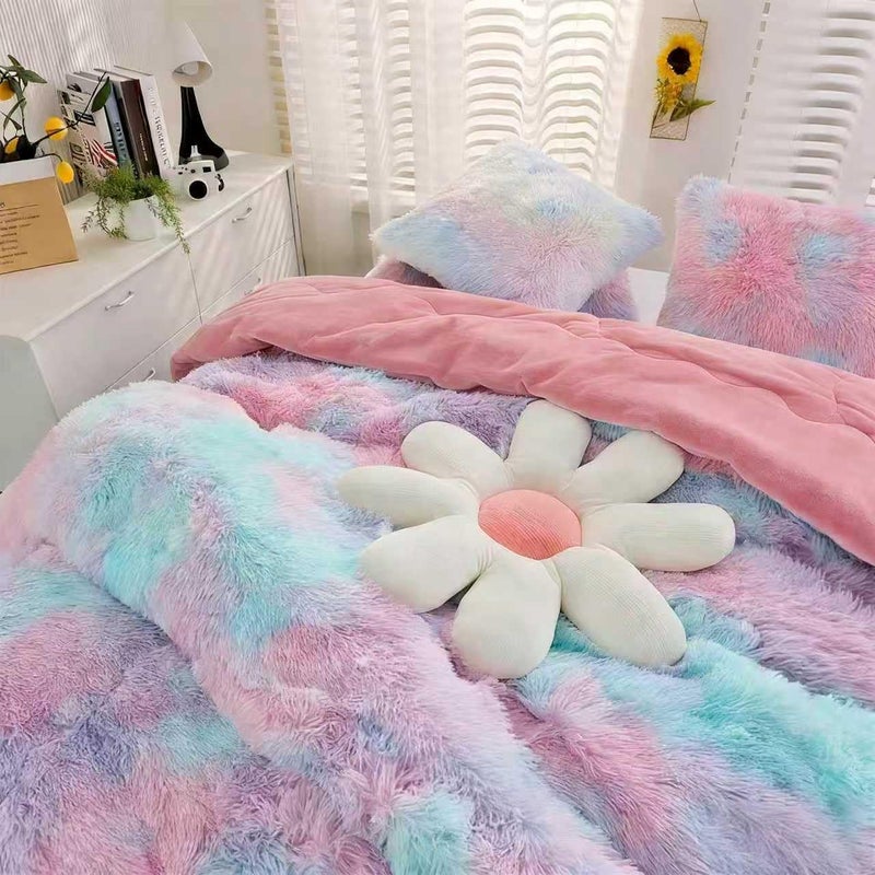 chovy Kids Girls Faux Fur Purple Rainbow Comforter Sets Twin/Full - 3PC Bed Set Soft Warm Comfortable Classical Rabbit Plush Velvet Flannel Fluffy Fuzzy Beddingï¼ˆComforter x 1 Pillowcases x 2ï¼‰ - Image 1