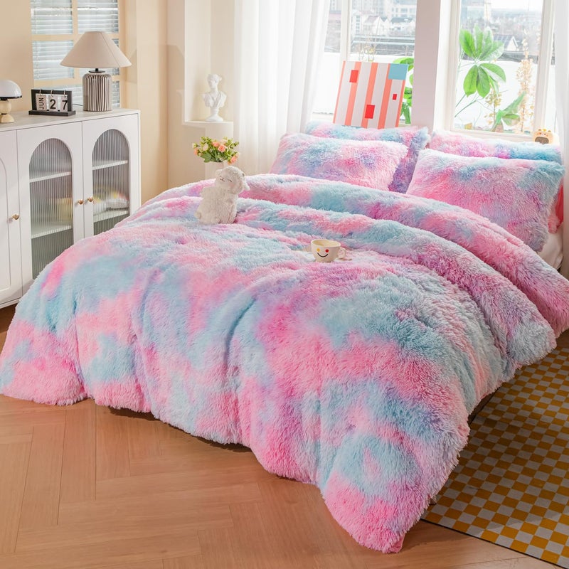 chovy Kids Girls Faux Fur Purple Rainbow Comforter Sets Twin/Full - 3PC Bed Set Soft Warm Comfortable Classical Rabbit Plush Velvet Flannel Fluffy Fuzzy Beddingï¼ˆComforter x 1 Pillowcases x 2ï¼‰ - Image 3