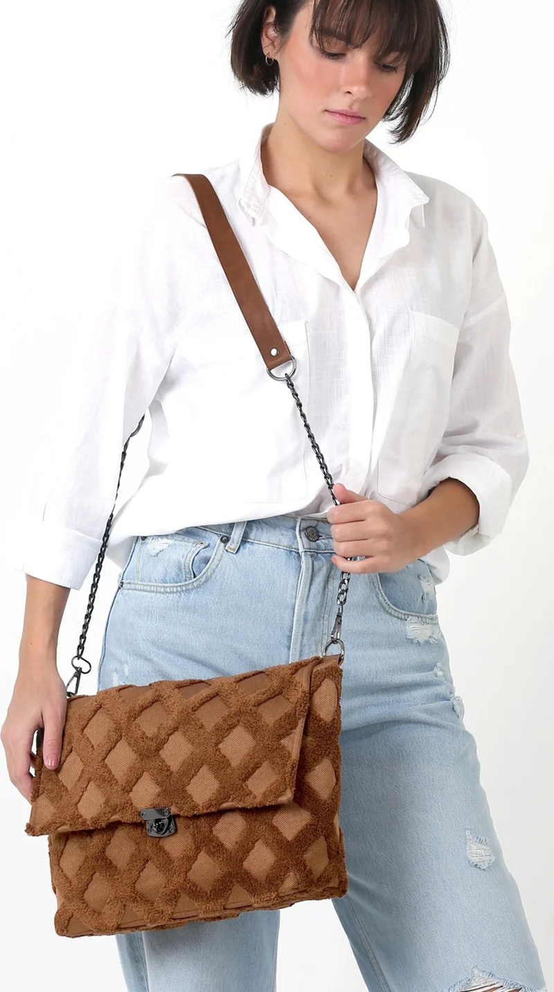 Hamur Dough Women's Fabric Hand and Shoulder Bag Tweed Brown Fur Plush Knitted Crossbody Bag