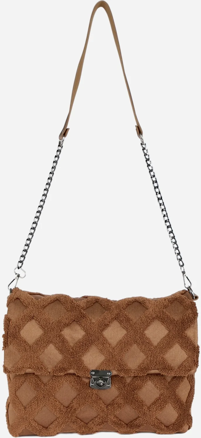 Hamur Dough Women's Fabric Hand and Shoulder Bag Tweed Brown Fur Plush Knitted Crossbody Bag
