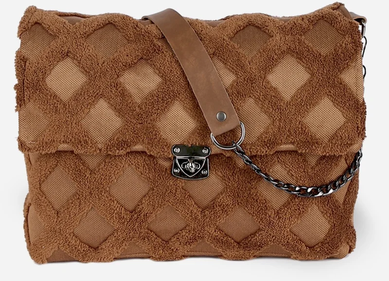 Hamur Dough Women's Fabric Hand and Shoulder Bag Tweed Brown Fur Plush Knitted Crossbody Bag