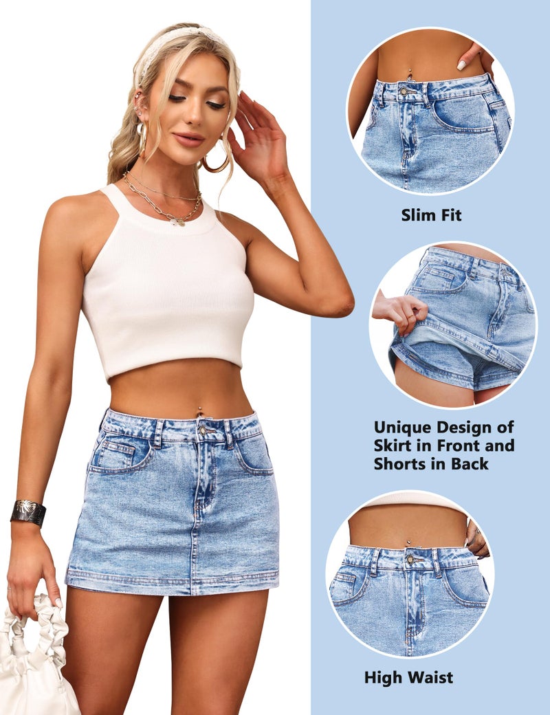 BISUAL Denim Skort for Women High Waist Mini Denim Skirt Casual Stretch Women Jean Skirt with Pockets - Image 5