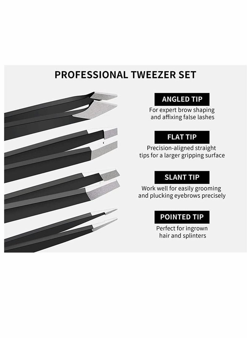 SYOSI Eyebrows Tweezers Set, 4 Pcs Woman and Men Precision Eyebrow Tweezers Set with Travel Case, for Ingrown Fine Hair Removal, Splinter Blackhead Remover Gifts (Black) - Image 2