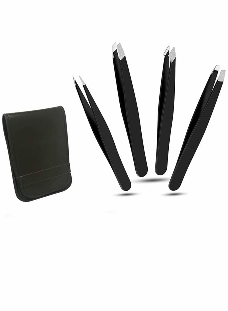 SYOSI Eyebrows Tweezers Set, 4 Pcs Woman and Men Precision Eyebrow Tweezers Set with Travel Case, for Ingrown Fine Hair Removal, Splinter Blackhead Remover Gifts (Black) - Image 1