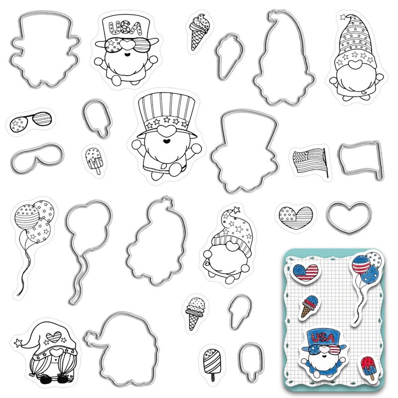 Hying Gnomes Patriotic 4th of July Stamps and Dies for Card Making Dwarf USA Summer Patriotic Cutting Die and Clear Stamps for Bullet Journal DIY Scrapbook 4th of July Decor Handmade Crafts Notebook