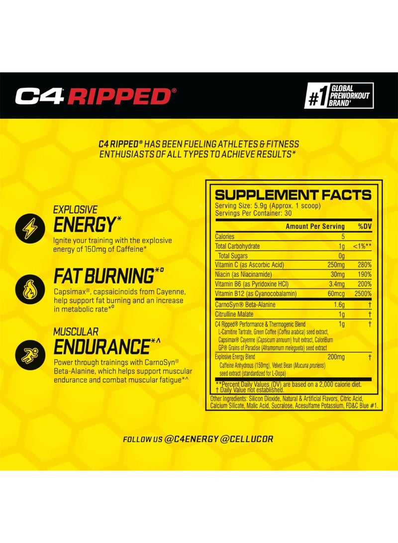 سيلوكور مكمل C4 Ripped قبل التمرين - طاقة متفجرة مع دعم فقدان الدهون - ليمون توت العليق - 30 حصة (قد يختلف التعبئة والتغليف) - Image 2