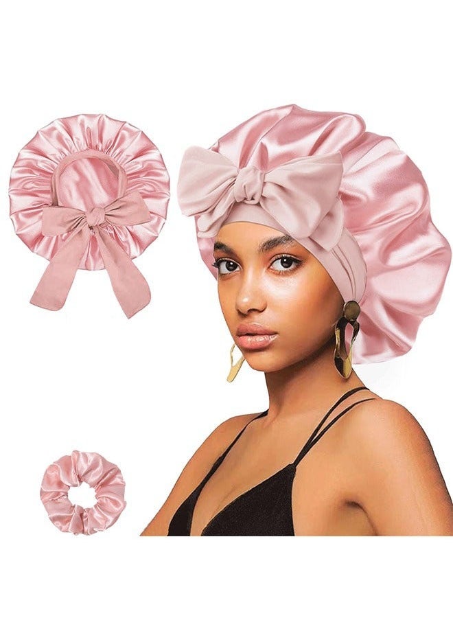 ATRJSZ Bonnet with Tie Band, Satin Hair Silk Bonnet for Sleeping Women, Sleep Bonnets for Women, Double Layer Sleep Cap for Curly Hair Braids（Pink） - Image 1