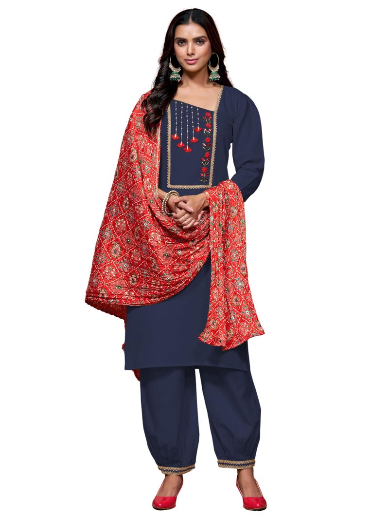 EthnicJunction Women's Cotton Blend Embroidered Kurta Salwar Set with Bandhani Dupatta - Image 1