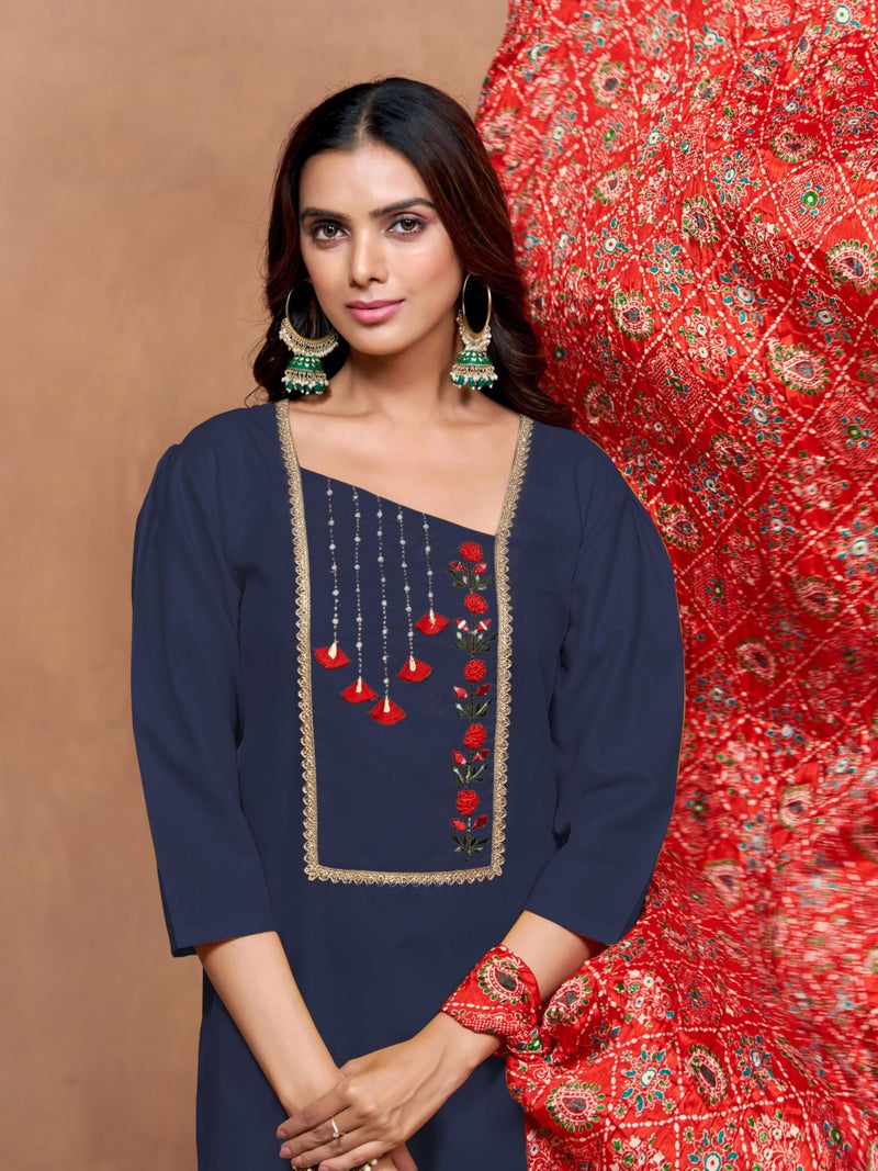 EthnicJunction Women's Cotton Blend Embroidered Kurta Salwar Set with Bandhani Dupatta - Image 5