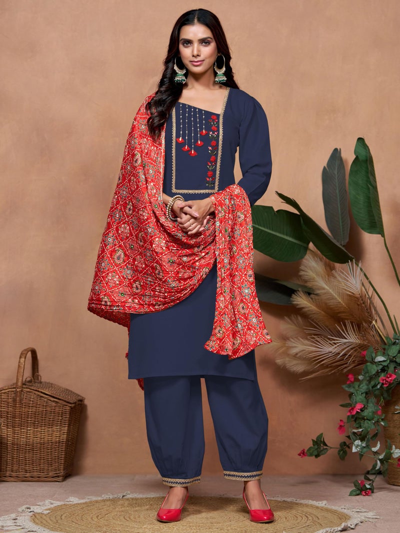 EthnicJunction Women's Cotton Blend Embroidered Kurta Salwar Set with Bandhani Dupatta - Image 4