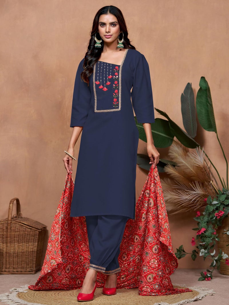 EthnicJunction Women's Cotton Blend Embroidered Kurta Salwar Set with Bandhani Dupatta - Image 3