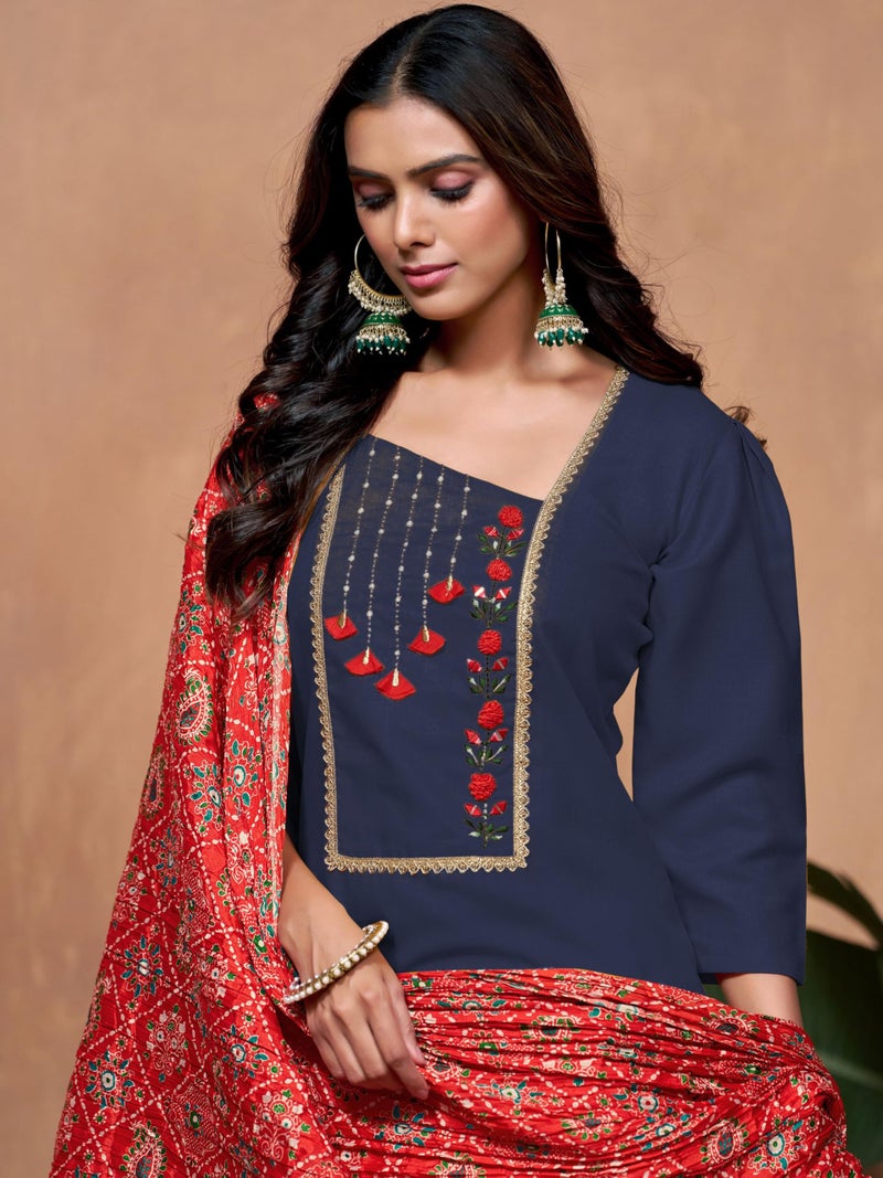 EthnicJunction Women's Cotton Blend Embroidered Kurta Salwar Set with Bandhani Dupatta - Image 2