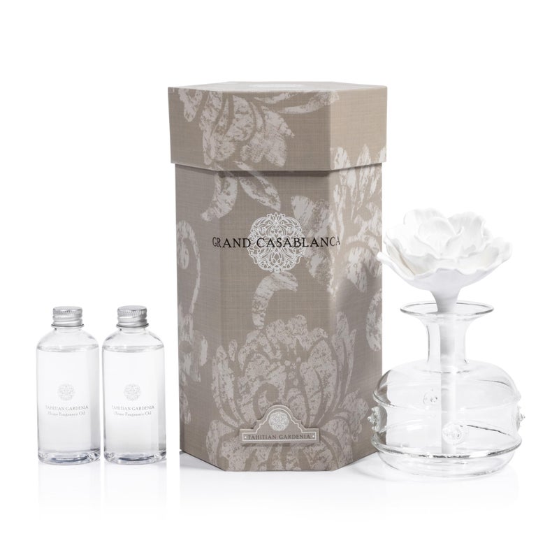 Zodax Grand Casablanca Porcelain Oil Diffuser Home Fragrance Oil Diffuser Ideal for Living Room Bathroom Office Flower Design Gift Box Packaging Included Tahitian Gardenia 676 Oz - Image 2