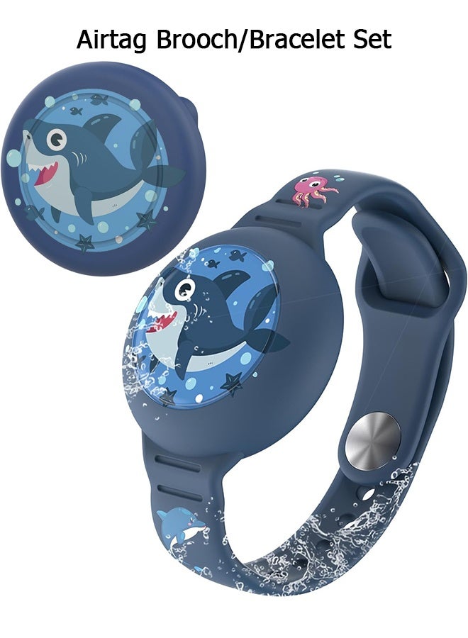 Wffo 2 PCS - Kids AirTag Bracelet/Brooch Set - Waterproof Cute Cartoon Air tag Holder for Kids - Silicone Airtag Holder with Safety Brooch Pins - with Soft Silicone Full Coverage Anti-Lost Hidden Airtag Wristband Accessories for Child - Shark Pattern(Dark Blue)