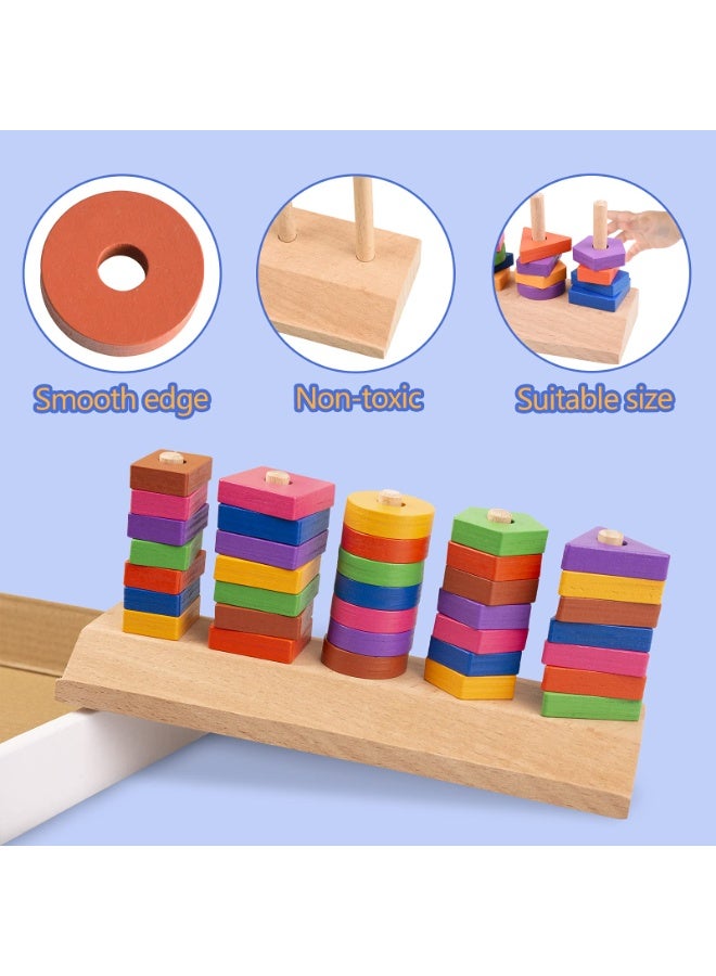 JZS Montessori Toys Educational Puzzles Wooden Sorting Stacking Blocks Pattern Sequencing 2 3 4 5 Year Olds Motor Skills Development Cognitive for Preschool Shape Size Color Colour Recognition Intelligent ​Block Column Tower Classic Stacker ​Builder Lacing Strings Birthday Gifts Boys Girls Toddlers Preschoolers Kids Nursery School Party Favors - Image 4