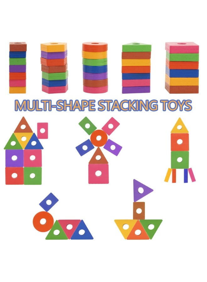 JZS Montessori Toys Educational Puzzles Wooden Sorting Stacking Blocks Pattern Sequencing 2 3 4 5 Year Olds Motor Skills Development Cognitive for Preschool Shape Size Color Colour Recognition Intelligent ​Block Column Tower Classic Stacker ​Builder Lacing Strings Birthday Gifts Boys Girls Toddlers Preschoolers Kids Nursery School Party Favors - Image 5