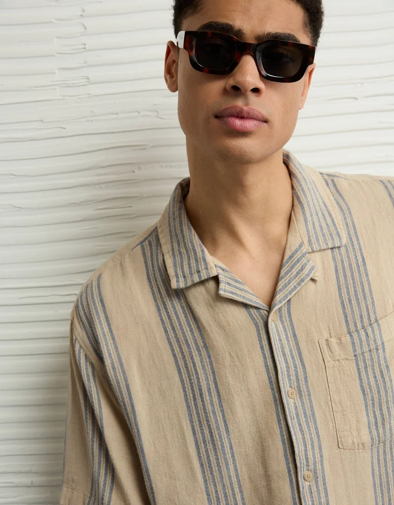 American Eagle  AE Textured Striped Button-Up Poolside Shirt for Men | Best Price UAE