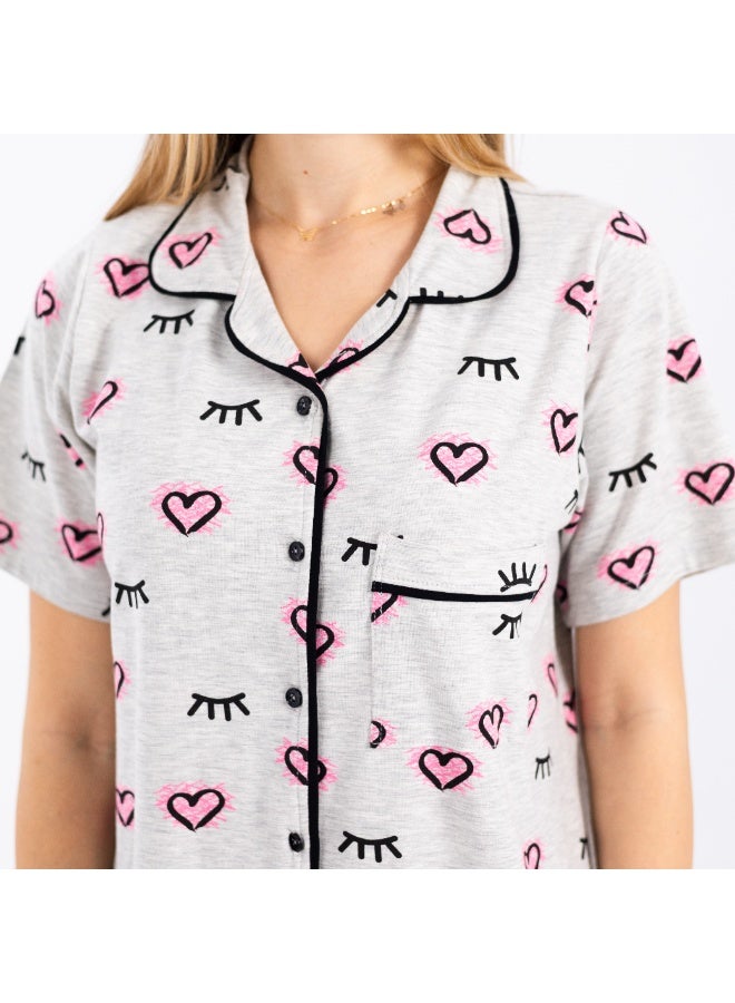 zecotex  Women's Soft Cotton Button-Down Nightshirt - Short Sleeve Classic Sleepwear - Grey with Heart & Eyelash Print. - Image 3