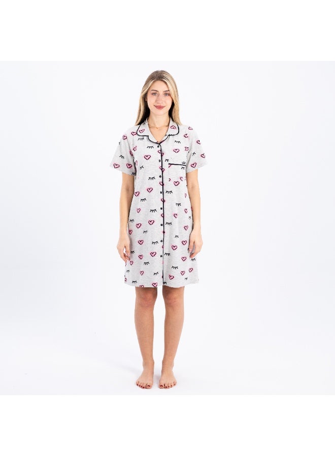 zecotex  Women's Soft Cotton Button-Down Nightshirt - Short Sleeve Classic Sleepwear - Grey with Heart & Eyelash Print. - Image 1