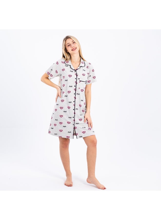 zecotex  Women's Soft Cotton Button-Down Nightshirt - Short Sleeve Classic Sleepwear - Grey with Heart & Eyelash Print. - Image 2