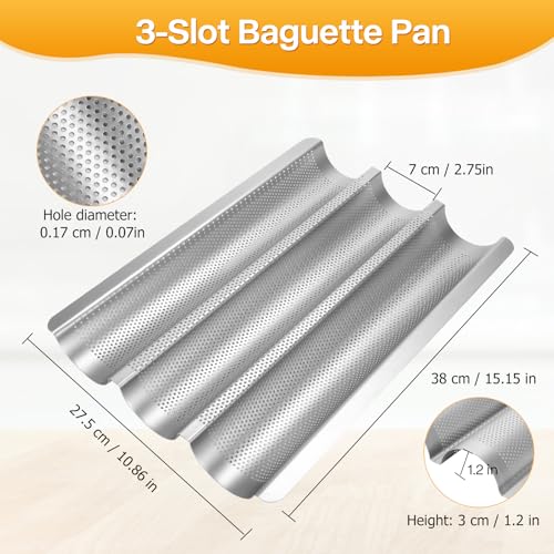 Barlket Baguette Bread Pan Set of 2, Silver Baguette Tray Perforated, Nonstick French Bread Baking Pan 3 Loaves, Oven Baking Gifts for Home Baker - Image 4