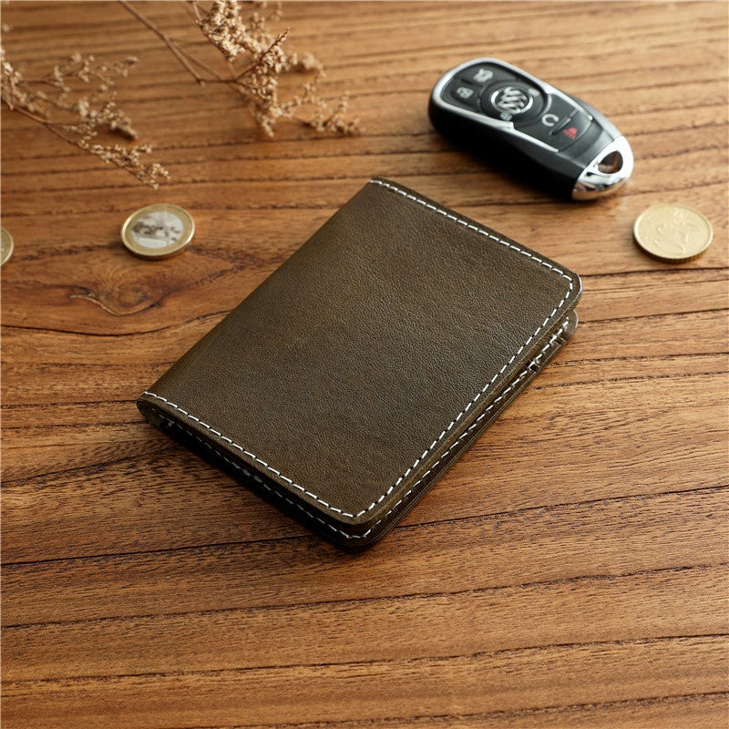 Vintage Handmade Ultra Thin Bifold Card Holder Genuine Vegetable Tanned Cowhide Leather, Multiple Card Slots, Bank Card & Driver's License, Lightweight Everyday Carry for Men Women - Image 1