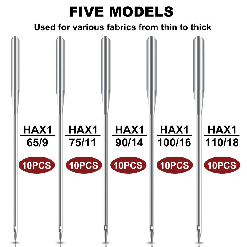 ONEHERE Sewing Machine Needles, Universal Sewing Machine Needle, ONEHERE Compatible with Singer, Brother, Janome, Varmax, Sizes HAX1 65/9, 75/11, 90/14, 100/16, 110/18 (50 PCS) - Image 2
