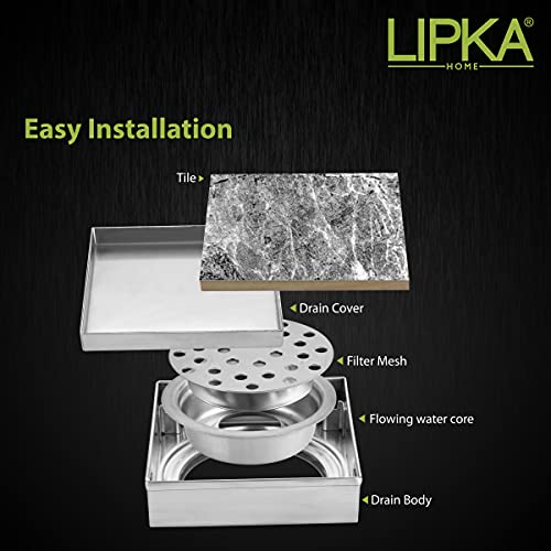 LIPKA 6 x 6 Inches Square Tile Insert Floor Drain | 304 Grade Stainless Steel/Invisible Shower Drain Channel | Waste Water Floor Drain for Bathroom & Showers Areas/Drain Jali with Anti Cockroach Trap - Image 4
