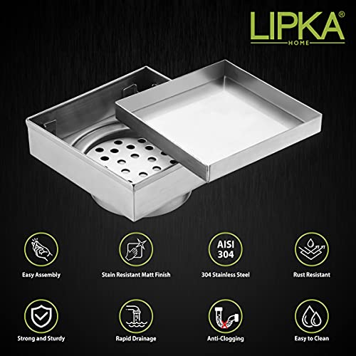 LIPKA 6 x 6 Inches Square Tile Insert Floor Drain | 304 Grade Stainless Steel/Invisible Shower Drain Channel | Waste Water Floor Drain for Bathroom & Showers Areas/Drain Jali with Anti Cockroach Trap - Image 3