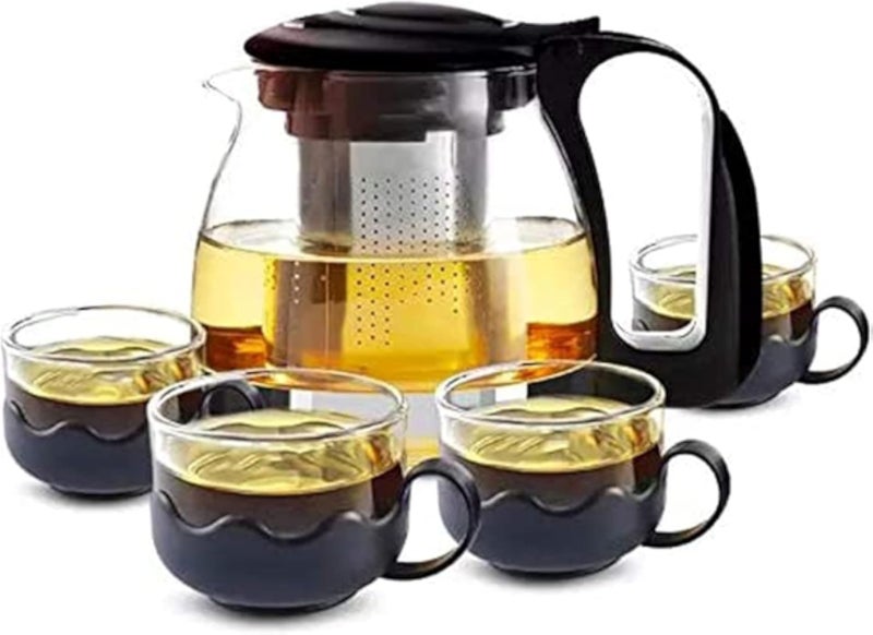 إبريق شاي زجاجي، سعة 700 مل، مع 4 أكواب شاي زجاجية ومصفاة شاي قابلة للإزالة، مناسب لتحضير الشاي، شاي الزهور، وأكياس شاي الأعشاب.