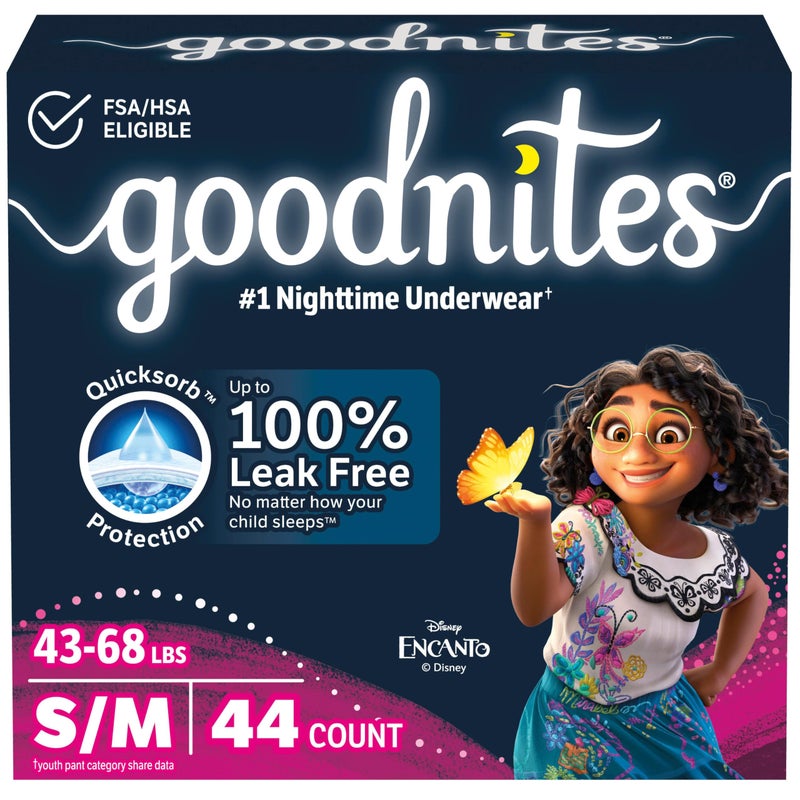 GoodNites حفاضات ليلية للبنات من جودنايتس، مقاس S/M (43-68 رطل)، 44 قطعة (عبوتين من 22 قطعة)، قد يختلف التغليف - Image 1