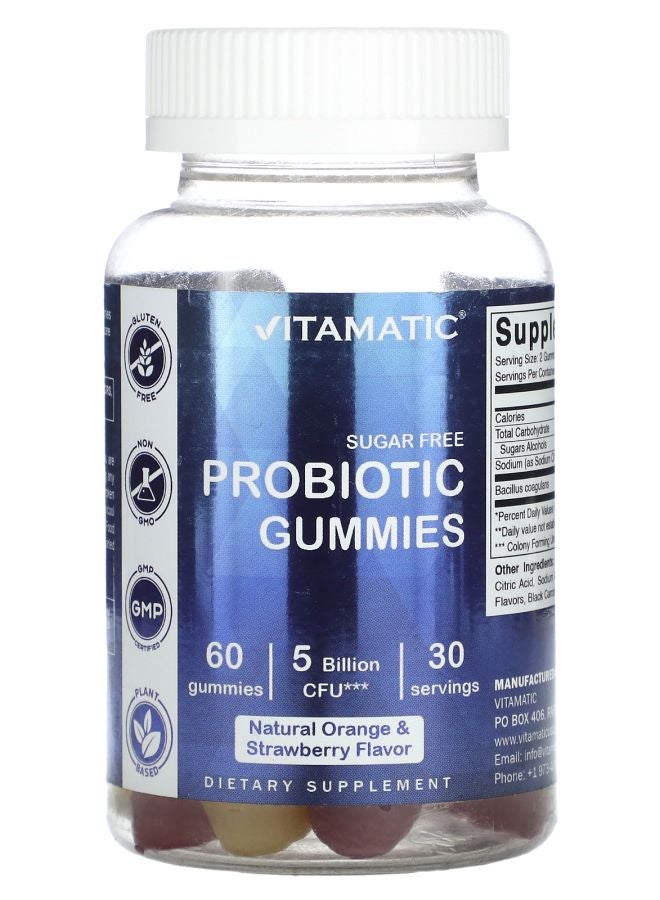 Vitamatic Probiotic Gummies Sugar Free Natural Orange & Strawberry 5 Billion 60 Gummies (2.5 Billion CFU per Gummy)