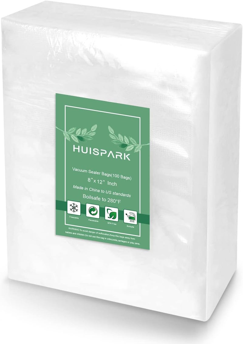 HUISPARK Vacuum Sealer Bags, 8" × 12" 100 PCS Heavy Duty Pre-Cut Design Commercial Grade Food Sealable Bag for Heat Seal Food Storage,Smell Proof Bags Boilsafe to 280°F Freezable, Resizable,Reuseable (100Pcs) - Image 1