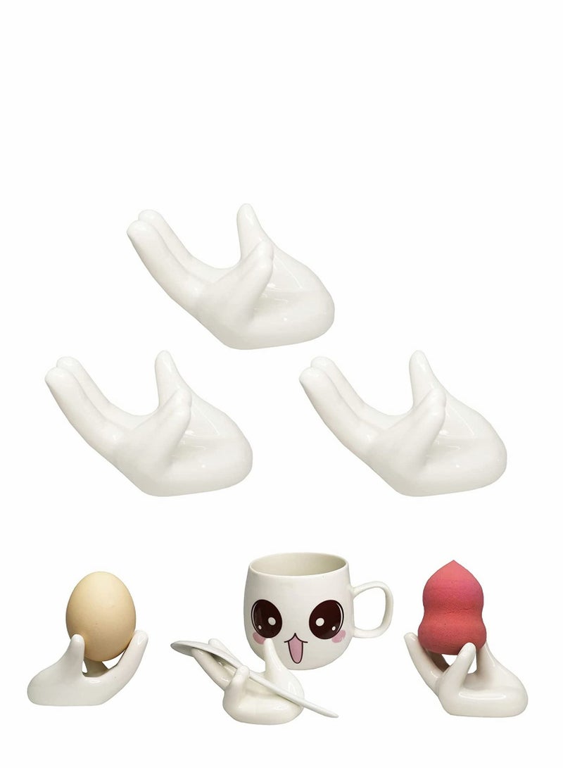 KASTWAVE Air Plant Holder Creative Ceramic, 3 Pcs Egg Cup Holders, Hand Shape Stand, Office Desk Base Airplant Display Container Pot, Ocarina Support, White - Image 3