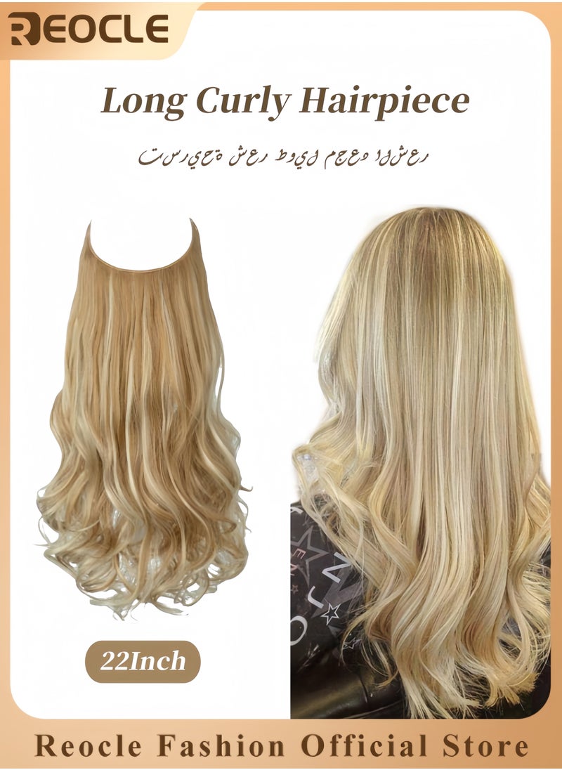 REOCLE Invisible Wire Hair Extensions Long Synthetic Wavy Curly Hairpiece Adjustable Transparent String Hairpiece Hidden Fish Line Wire Curly Hair Extensions for Women Dark Blonde Hair 22 Inch  - Image 1