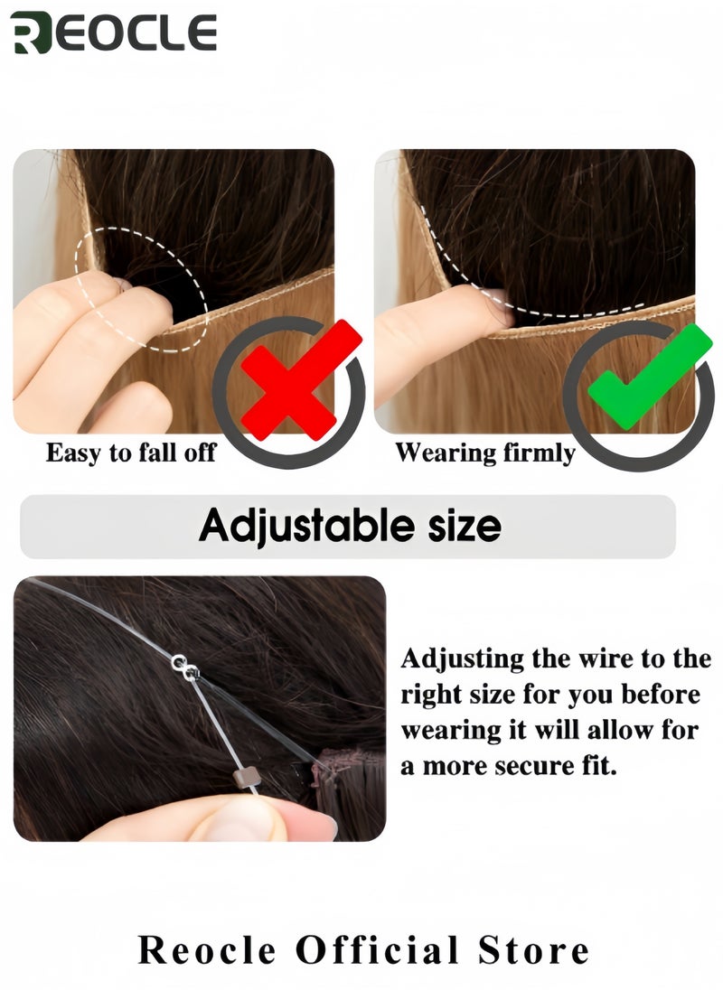 REOCLE Invisible Wire Hair Extensions Long Synthetic Wavy Curly Hairpiece Adjustable Transparent String Hairpiece Hidden Fish Line Wire Curly Hair Extensions for Women Dark Blonde Hair 22 Inch  - Image 3
