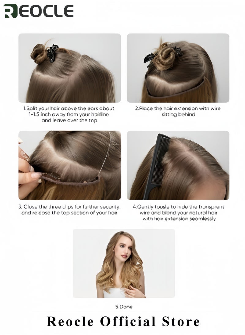 REOCLE Invisible Wire Hair Extensions Long Synthetic Wavy Curly Hairpiece Adjustable Transparent String Hairpiece Hidden Fish Line Wire Curly Hair Extensions for Women Dark Blonde Hair 22 Inch  - Image 4