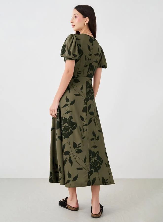Take Two Take Two Graphic Print V-Neck Puff Sleeve Midi Dress