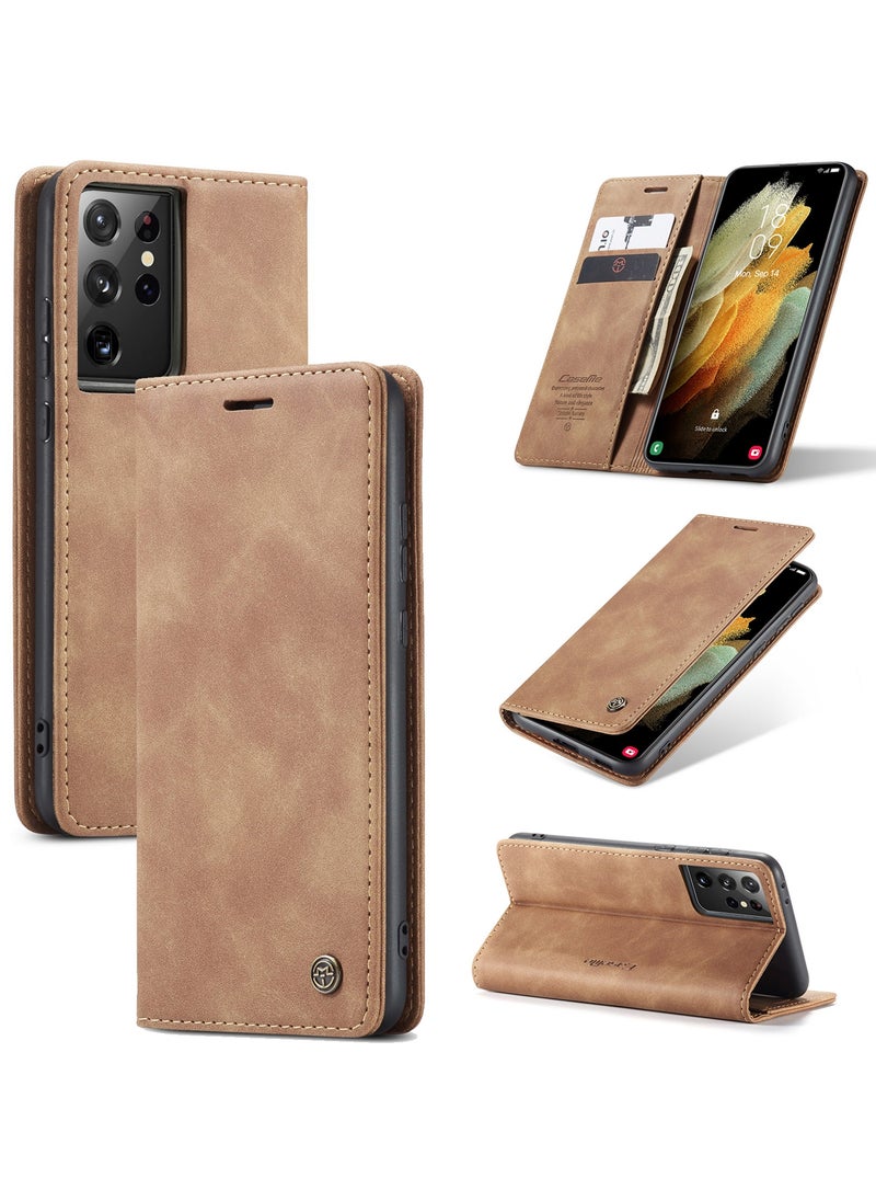 CaseMe CaseMe Samsung Galaxy S21 Ultra Case Wallet, for Samsung Galaxy S21 Ultra Wallet Case Book Folding Flip Folio Case with Magnetic Kickstand Card Slots Protective Cover - Brown  - Image 1