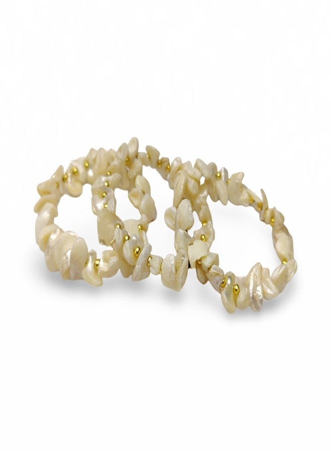 DCA Natural Mother of Pearl Elastic Bracelet with Gold Beads, Handcrafted Shell Jewellery Set of 3 - Image 1