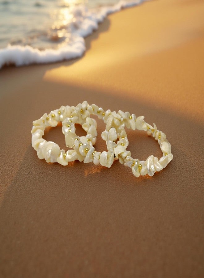 DCA Natural Mother of Pearl Elastic Bracelet with Gold Beads, Handcrafted Shell Jewellery Set of 3 - Image 4