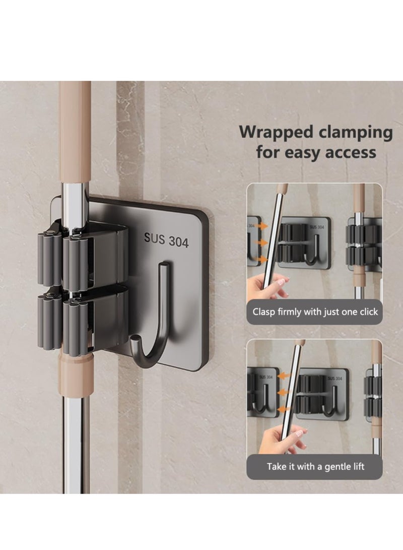SYOSI SYOSI Drill-Free Wall Mount Broom Holder, Wall Mounted Garden Tool Rack Organizer for Closet Garage Laundry Room Kitchen Decor With 4 Slots & 4 Hooks  - Image 2