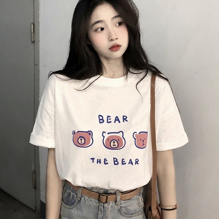 Short-Sleeved T-Shirt Women'S Cotton Loose Korean-Style Ins Women'S All-Match Cartoon Printed Inner Half-Sleeve Top - Image 3