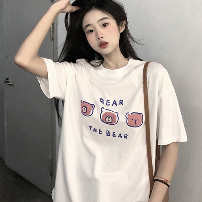Short-Sleeved T-Shirt Women'S Cotton Loose Korean-Style Ins Women'S All-Match Cartoon Printed Inner Half-Sleeve Top - Image 2