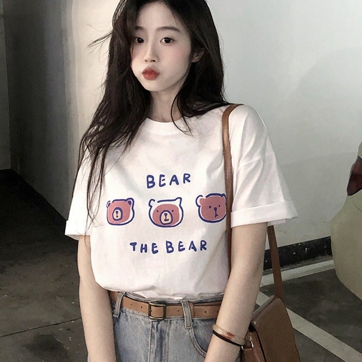 Short-Sleeved T-Shirt Women'S Cotton Loose Korean-Style Ins Women'S All-Match Cartoon Printed Inner Half-Sleeve Top - Image 5