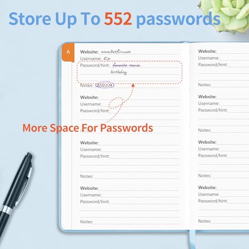 Blugool Password Book with Alphabetical Tabs, Password Keeper Book for Seniors, Hardcover Password Notebook for Individual & Colorful Tabs, Password Organizer for Website Logins, 5.3" x 7.7", Blue - Image 3