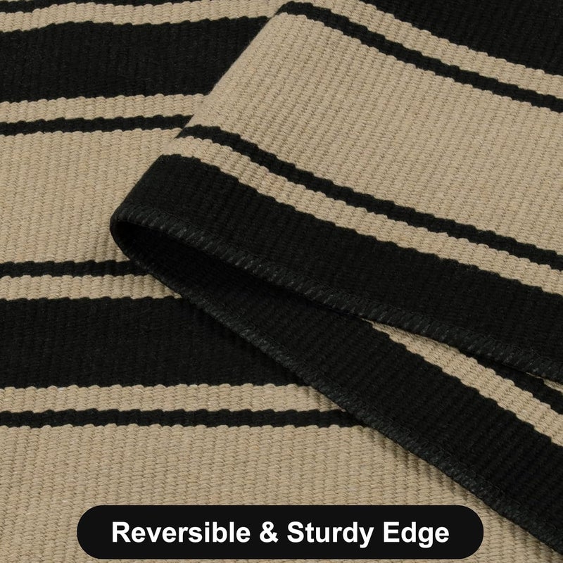 Sungea Striped Outdoor Rug 3'x5', Cotton Hand Woven Rug Fall Front Door Mat,Washable Reversible Layered Door Mats, Foldable Front Porch Rug for Entryway/Home Entrance/Farmhouse(Black and Tan) - Image 4