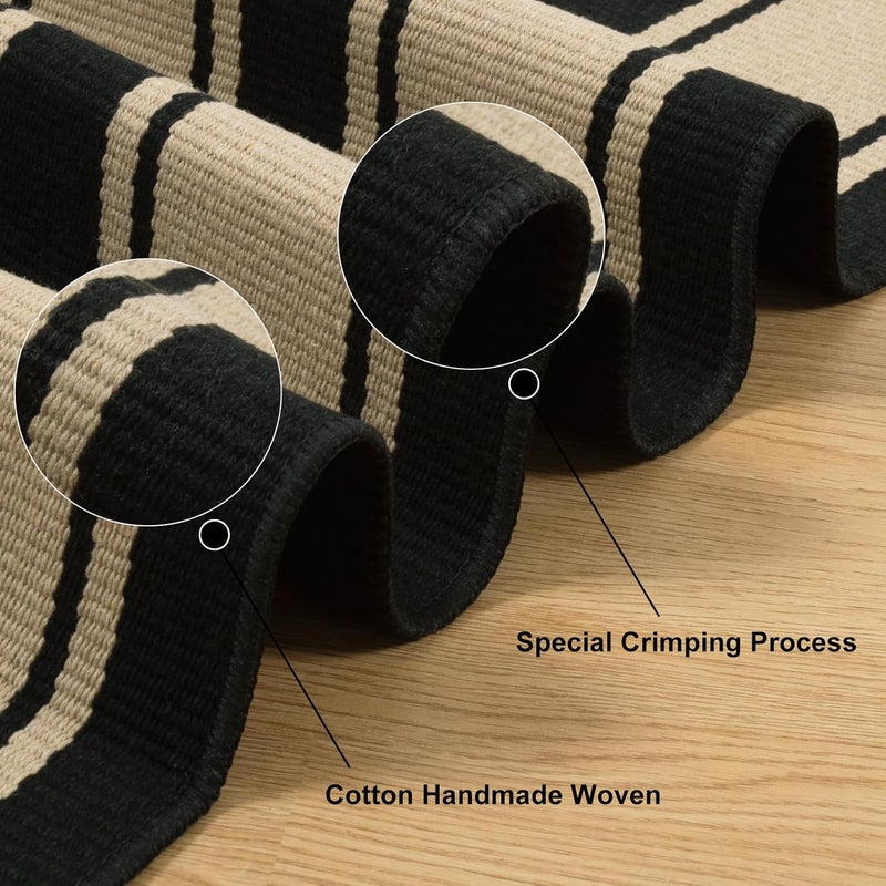 Sungea Striped Outdoor Rug 3'x5', Cotton Hand Woven Rug Fall Front Door Mat,Washable Reversible Layered Door Mats, Foldable Front Porch Rug for Entryway/Home Entrance/Farmhouse(Black and Tan) - Image 3